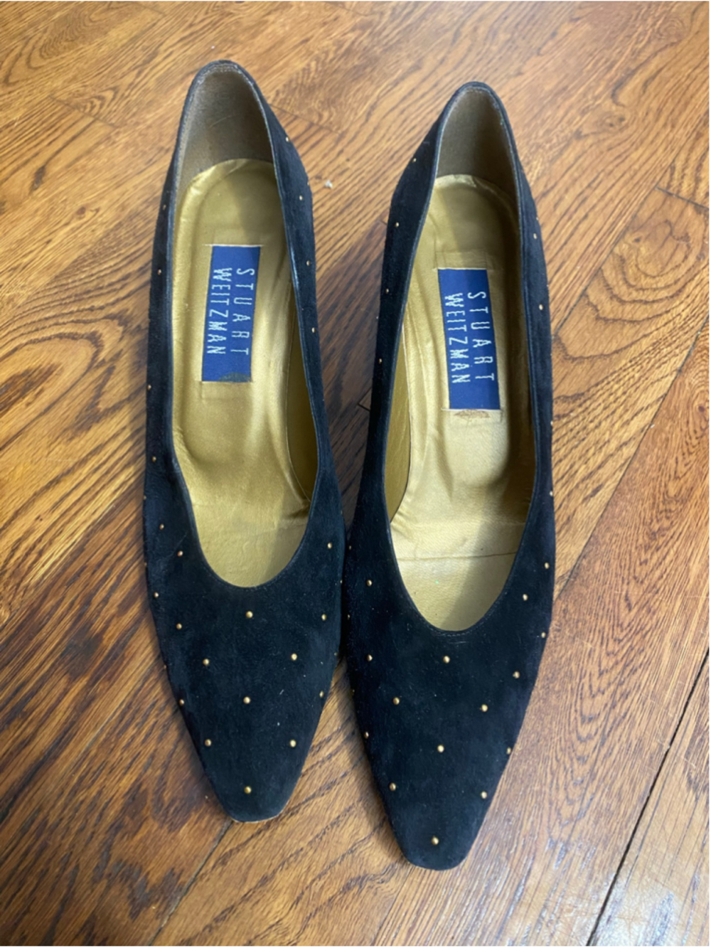 Vintage Stuart Weitzman Pumps Black Suade Gold Stud Quiet Luxury Parisian 80s 90